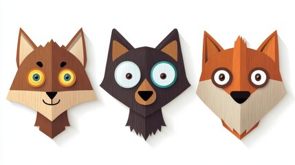 Fototapeta premium Vibrant wooden wolf faces capture the essence of wild nature in a modern, flat, cartoonstyle illustration.