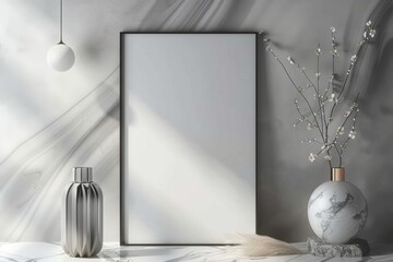 Minimalistic 3D render of a blank poster frame on a grey wall with marble decor and a vase, featuring natural light and boho style for product presentation.