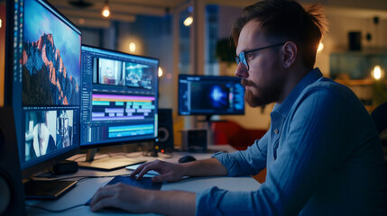 portrait of a professional male video editor working on modern desktop computer