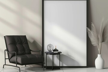 Modern living room interior with a mockup poster frame, black armchair, and decor against a beige wall.