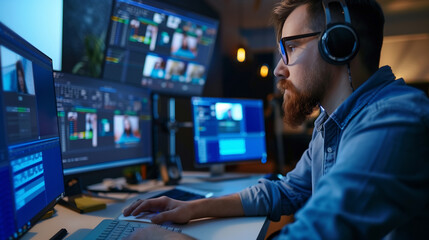 portrait of a professional male video editor working on modern desktop computer