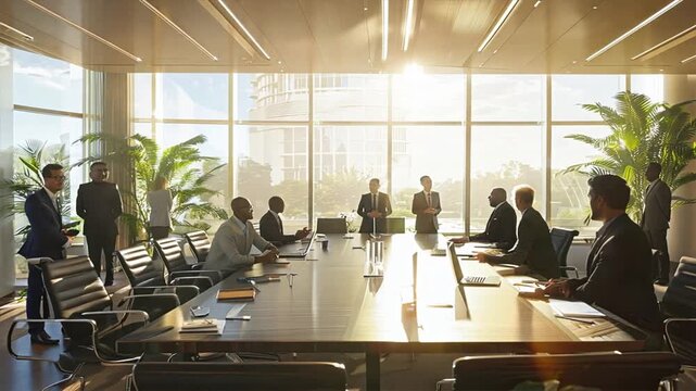 Strategic Decisions in the Dawn of Success: A powerful business team gathers in a sunlit skyscraper boardroom, strategizing for a brighter future. 