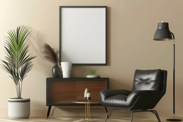 Modern living room interior with a mockup poster frame, black armchair, and decor against a beige wall.