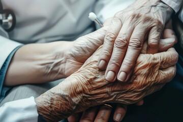 Fototapeta premium Young doctor compassionately holding hands with elderly patient, symbolizing care and empathy in healthcare for the elderly, captured in high-resolution and high-definition quality.