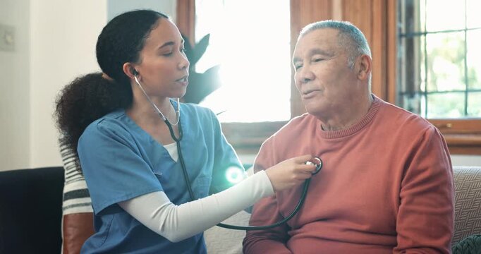 Woman, nurse and checking heart beat in elderly care on living room sofa for healthcare at home. Female person, doctor or medical caregiver monitoring senior patient breathing or respiratory at house