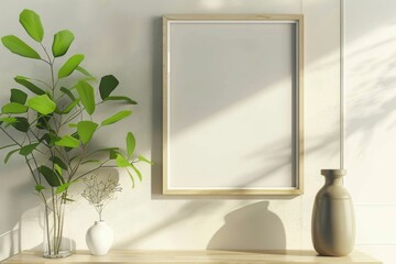 3D rendering of an empty light wood picture frame on the wall above a console table with a green plant and vase, featuring a minimalist interior design with natural lighting