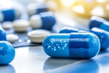 Blue and white capsules on a reflective surface with digital elements symbolizing the blend of traditional and digital approaches in contemporary pharmaceutical practices
