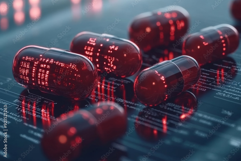 Poster futuristic red pills arranged on a digital circuit track showcasing the path of innovation in digita