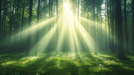 Obraz premium Sunlight filtering through trees in serene forest