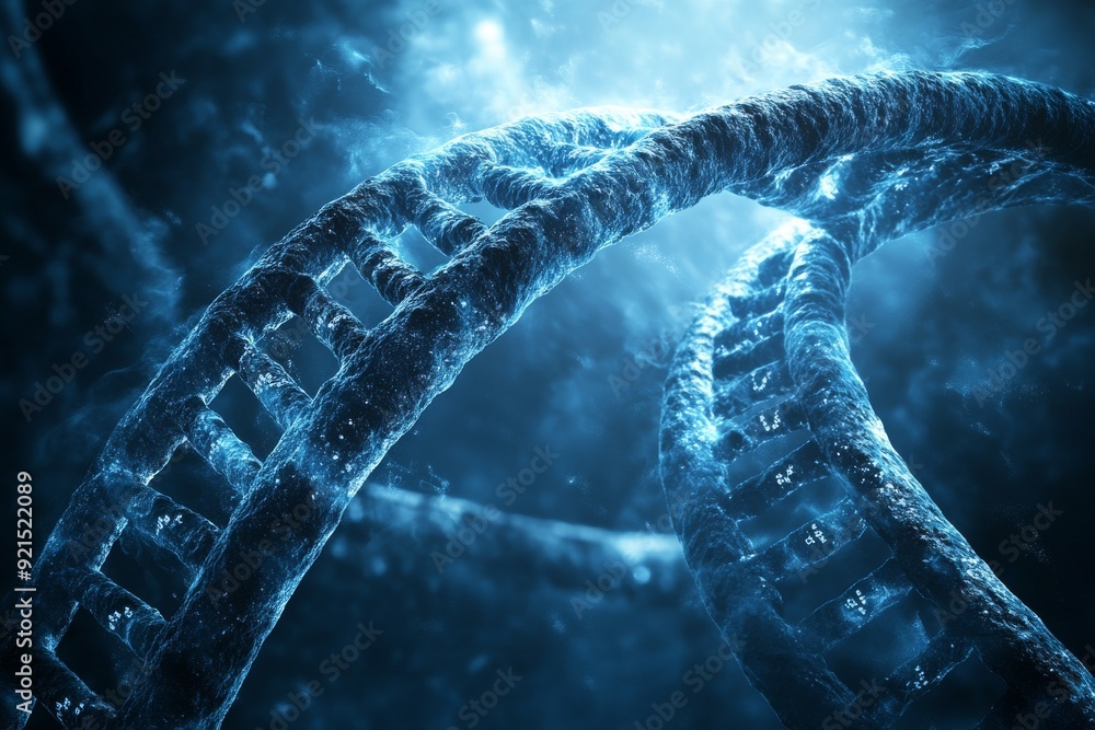 Poster dna helix visualization within technological context representing the integration of genetic informa