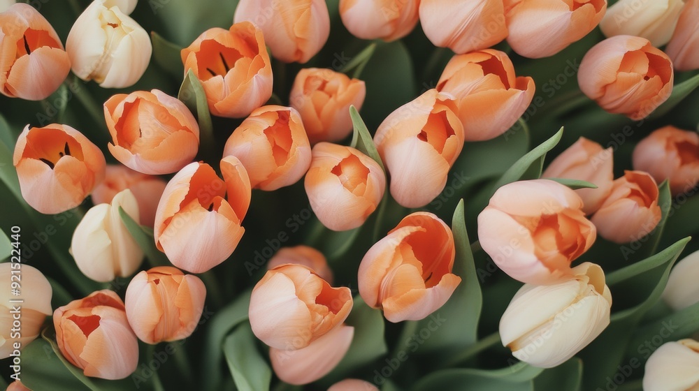 Poster Aerial View of Symmetrical Orange Tulip Pattern with Bright, Diffused Lighting Enhancing Texture and Dimensionality
