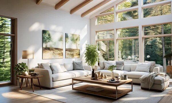 A modern living room with large windows overlooking a forest, furnished with cozy beige sofas, indoor plants, and minimalist decor, bathed in natural light
