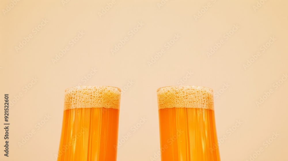 Aufkleber two refreshing orange drinks on a beige background in symmetrical vertical abstract style, shot with