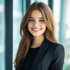 Fototapeta premium Confident young businesswoman smiling in a modern office setting, wearing a black blazer and projecting professionalism.