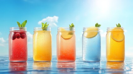 Colorful summer drinks in mason jars outdoors