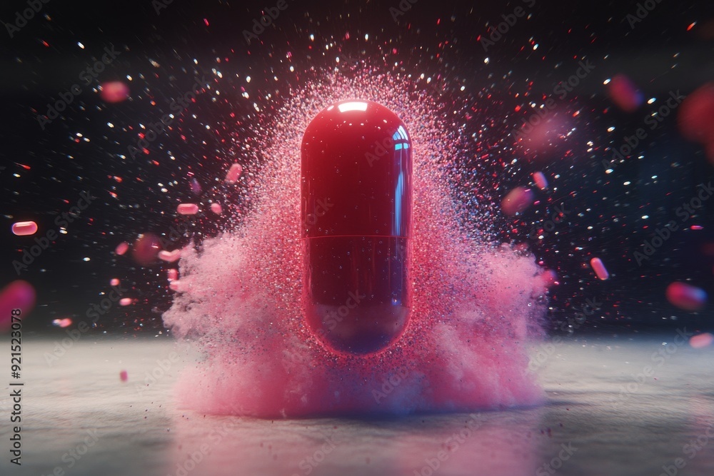 Poster exploding red pill in a cosmic setting depicting the dynamic impact of medical breakthroughs on heal
