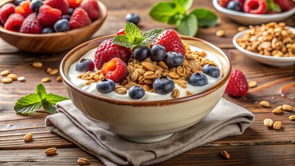 Fresh and healthy breakfast composition featuring a bowl of creamy yogurt topped with crunchy cereal, fresh berries, and a sprinkle of granola on a wooden table.