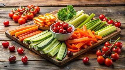 Fresh and colorful assortment of healthy vegetable snacks, including carrot sticks, cherry tomatoes, and cucumber slices, arranged artfully on a rustic wooden table top.