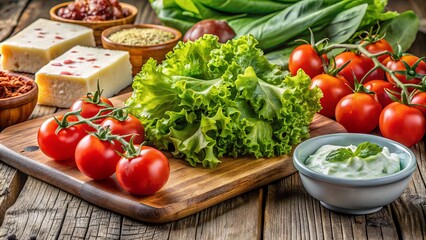 Fresh assorted ingredients toppings arranged on a rustic wooden table, including juicy tomatoes, crispy bacon, creamy cheese, and vibrant green lettuce, ready for salad creation.