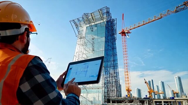 Construction Site Supervisor with Tablet:  A close-up view of a construction supervisor wearing a hard hat and safety vest,  holding a tablet in front of a towering skyscraper under construction, with