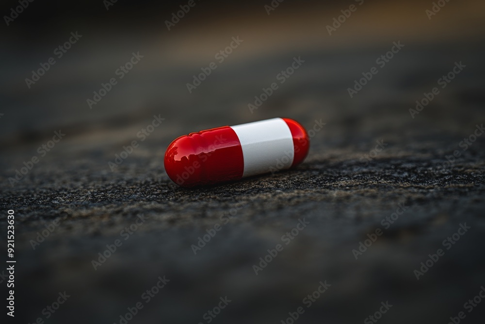 Poster lone red and white pill resting on a grainy surface in a dimly lit setting