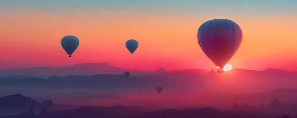 Fototapeta premium Hot Air Balloons Soaring Over a Pink Sunset and Silhouetted Mountain Range