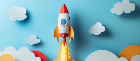 Paper Rocket Launch with Clouds on Blue Background