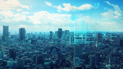 Obraz premium Urban Skyline with Digital Overlays