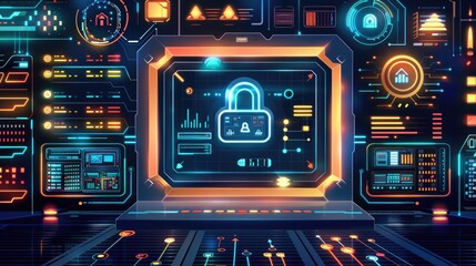 Obraz premium Futuristic cyber security concept with digital interface, lock symbol, and data analytics on vibrant computer screen.