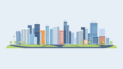 modern city skyline in flat design, featuring minimalist buildings, roads, and parks with clean lines and solid colors