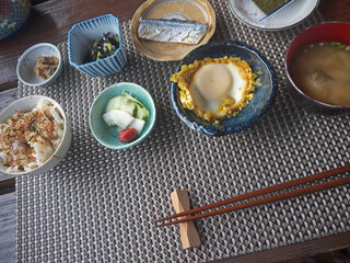 Full japanese country style healthy breakfast meals aligned with chopsticks on the table 