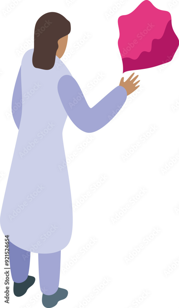 Poster scientist is reaching for a floating abstract shape, potentially representing new discoveries or sci