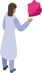 Scientist is reaching for a floating abstract shape, potentially representing new discoveries or scientific advancements