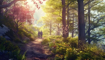 A couple walking hand in hand through a sunlit forest path surrounded by blooming spring flowers and lush greenery.