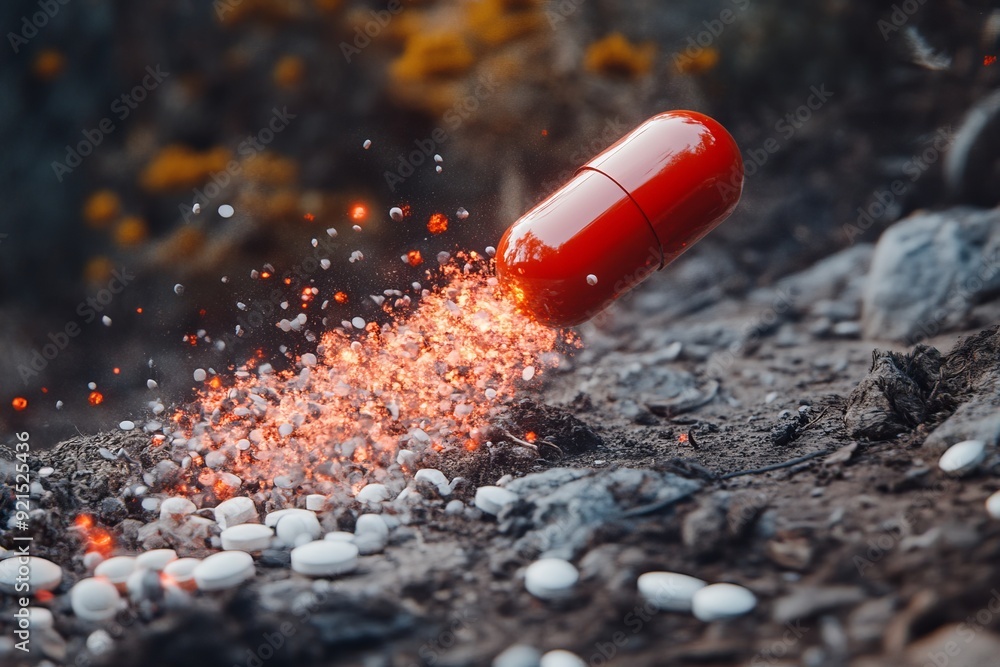 Poster red capsule disintegrating on a stony surface with a dynamic burst effect