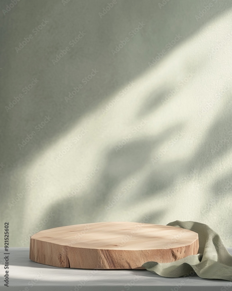 Poster minimalist mockup featuring textured wooden podium on light gray background with soft daylight spotl