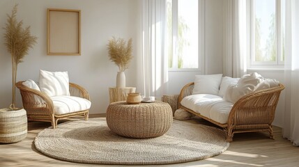 Scandinavian-Style Living Room with Rattan Chairs, Neutral Tones, and Minimalist Decor &ndash; Elegant and Modern Interior Design