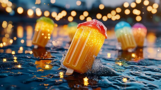 A captivating nighttime scene with glowing fruit-flavored ice cream bars and twinkling stars.
