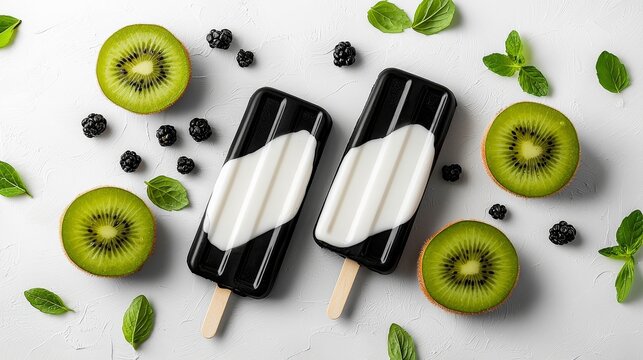 A classic black-and-white photograph of fruit-flavored ice cream bars with an elegant touch.