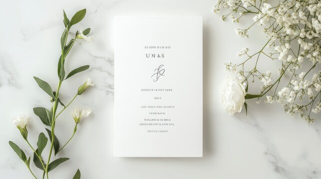 Minimalist Wedding Invitation Card on White Marble with Greenery. - Powered by Adobe