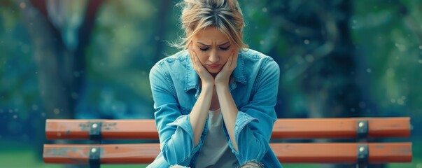 Sad Woman Sitting on a Bench in the Park