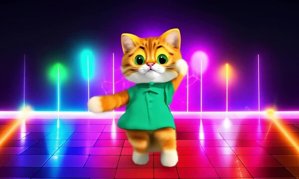 A dancing cartoon cat in a colorful, neon-lit environment.