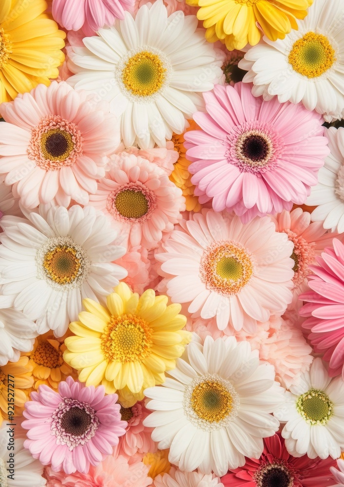 Poster cheerful seamless floral pattern with colorful daisies in spring theme, light background, vibrant an