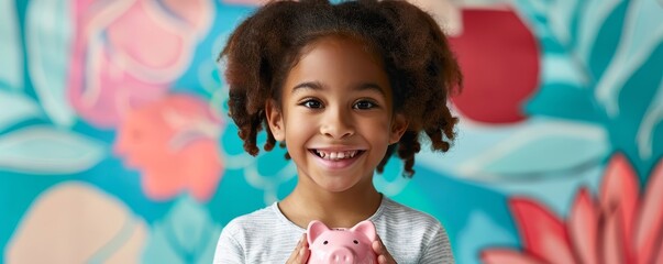 Happy little girl holding a piggy bank