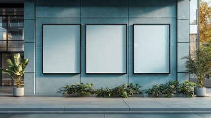 Three Blank Posters on a Concrete Wall with Plants