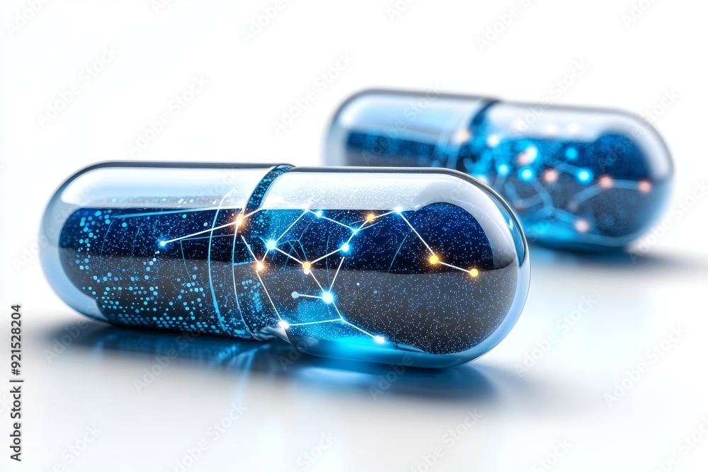 Poster digital rendering of capsules in a cyberspace illustrating the intersection of healthcare and techno