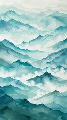 Obraz premium Watercolor clouds and mist surrounding fairyland mountains illustration poster background