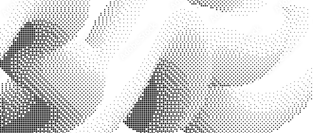 Aufkleber Black pixelated gradient undulate shape. Dotted dither squiggle texture background. Fluid curvy form for banner, poster, leaflet, brochure. Abstract rasterized overlay wallpaper. Vector comic backdrop