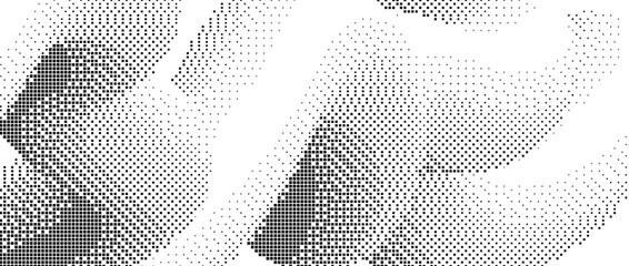 Black pixelated gradient undulate shape. Dotted dither squiggle texture background. Fluid curvy form for banner, poster, leaflet, brochure. Abstract rasterized overlay wallpaper. Vector comic backdrop