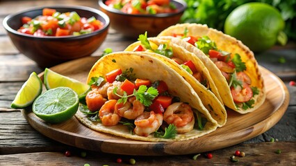 Juicy shrimp, crunchy vegetables, and flavorful seasonings fill a crispy taco shell, garnished with fresh cilantro, lime wedges, and a drizzle of tangy salsa.